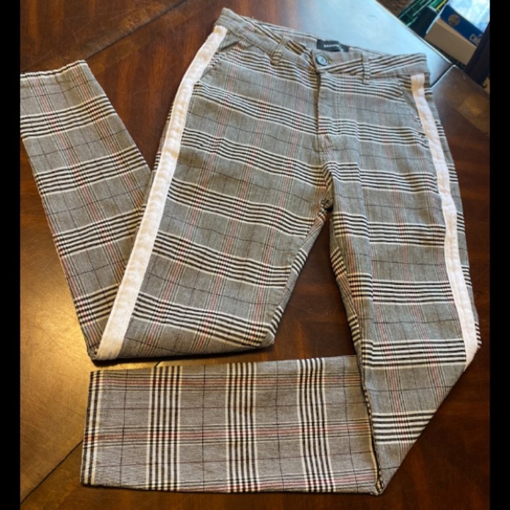 NY Collection Gray Plaid Skinny Pants with Side Stripe